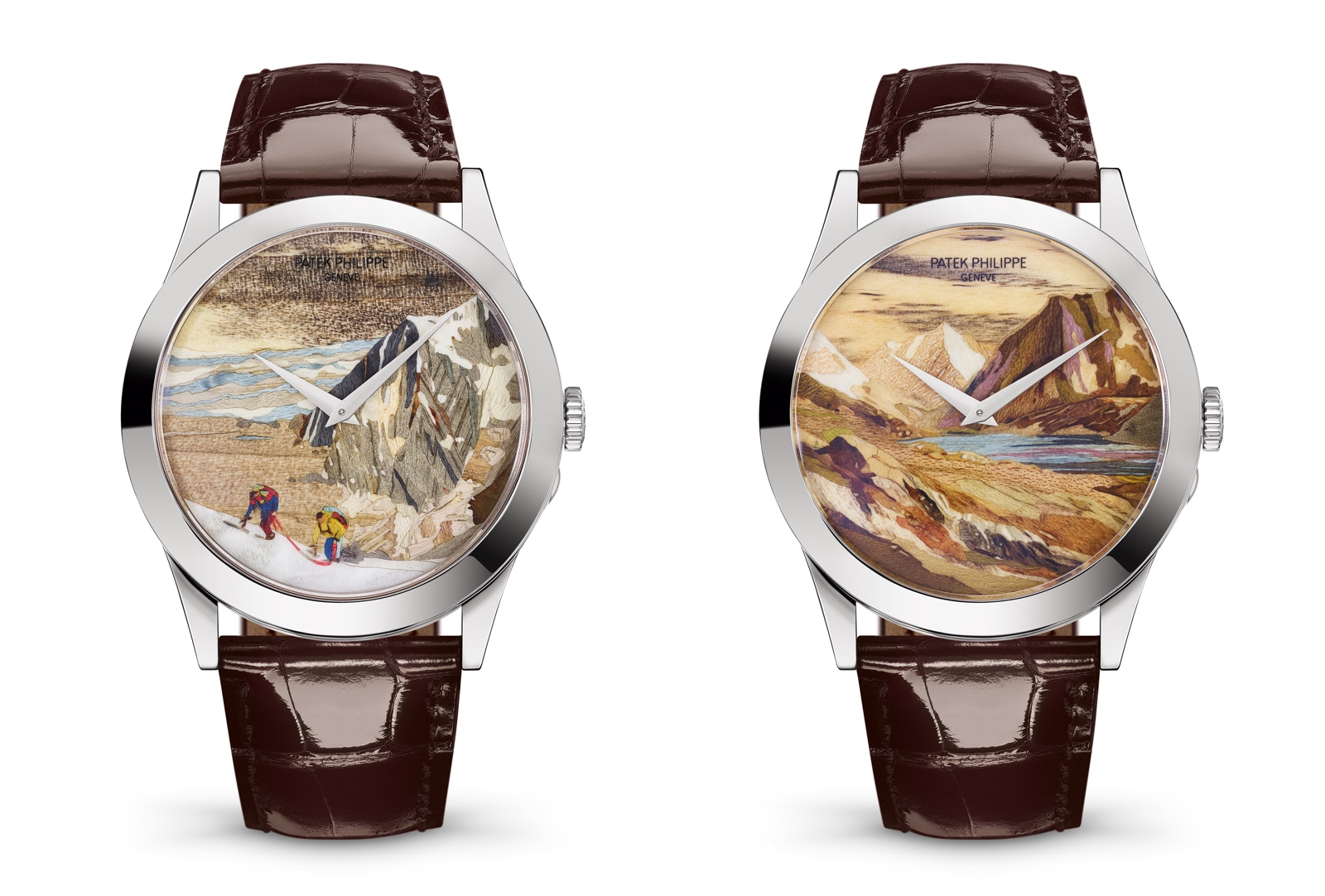 Patek Philippe Rare Handcrafts Exhibition 2018 - Serie Alpes Suizos - 5089G-059 y 5089G-060 - Marquetería de Madera