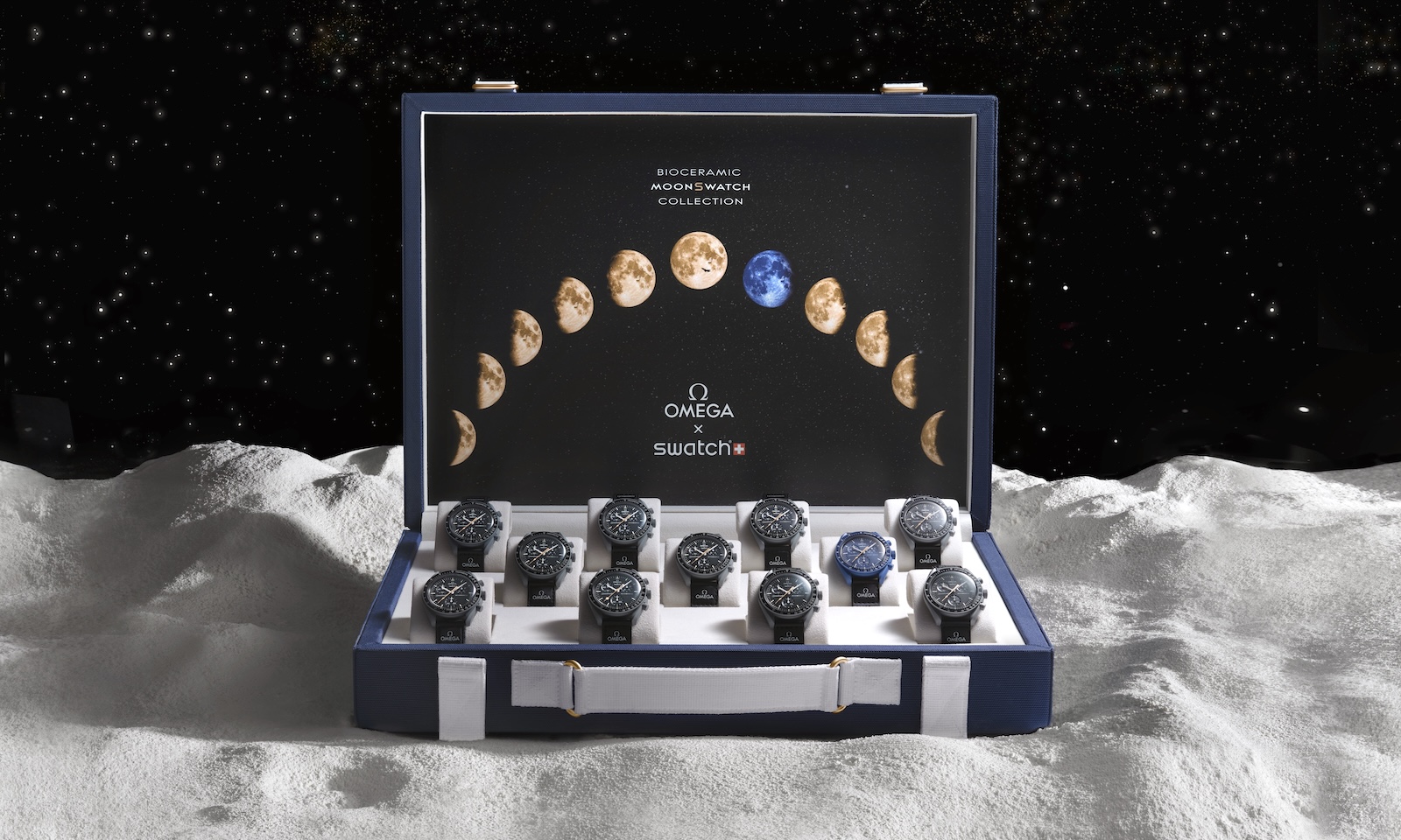 Omega MoonSwatch Moonshine Gold suitcases