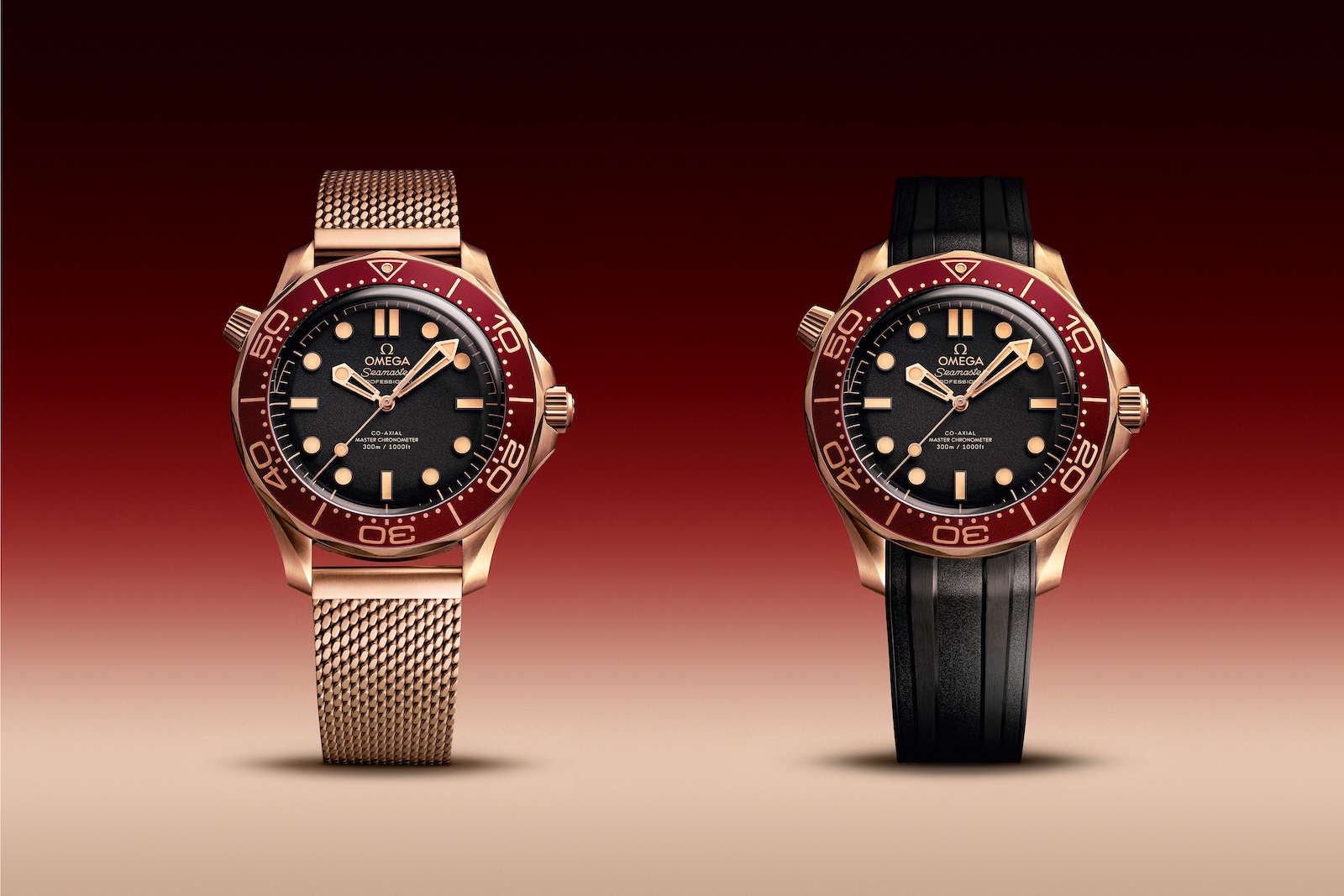 Omega Seamaster Diver 300M Bronze Gold Burgundy - duo