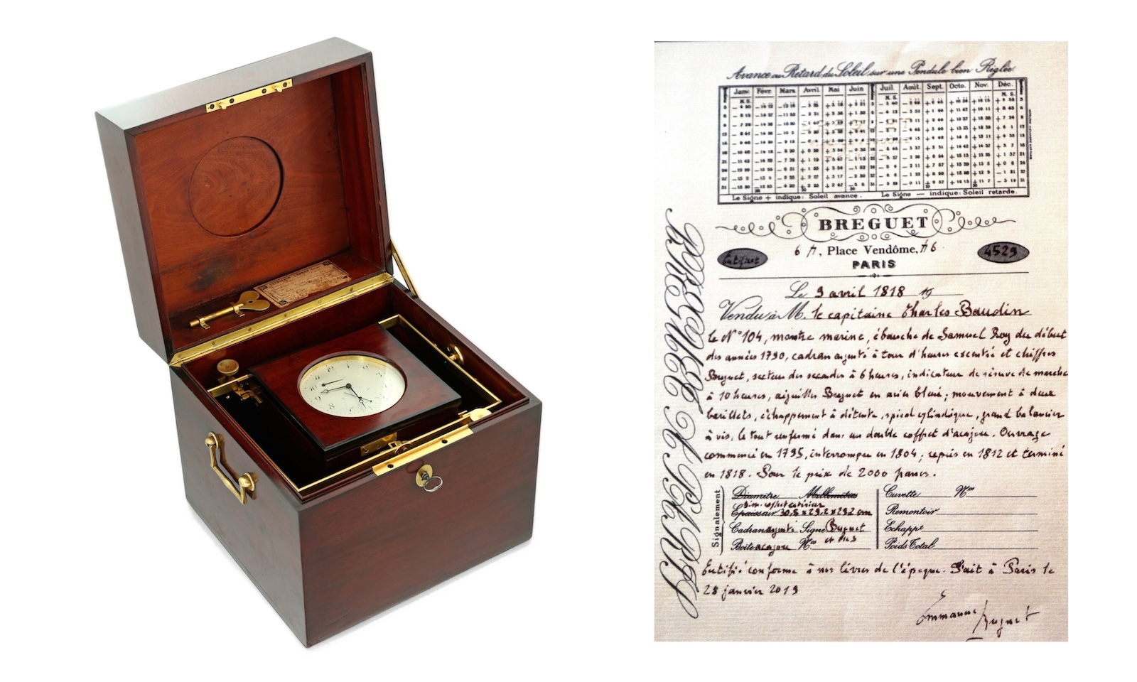 Marine Chronometer No.104, vendido al Captain Charles Baudin el 9 April 1818